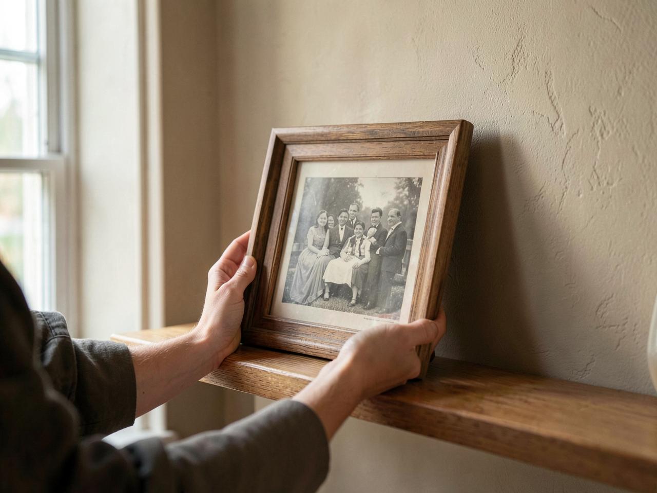 Hands carefully placing a framed family photograph on a shelf